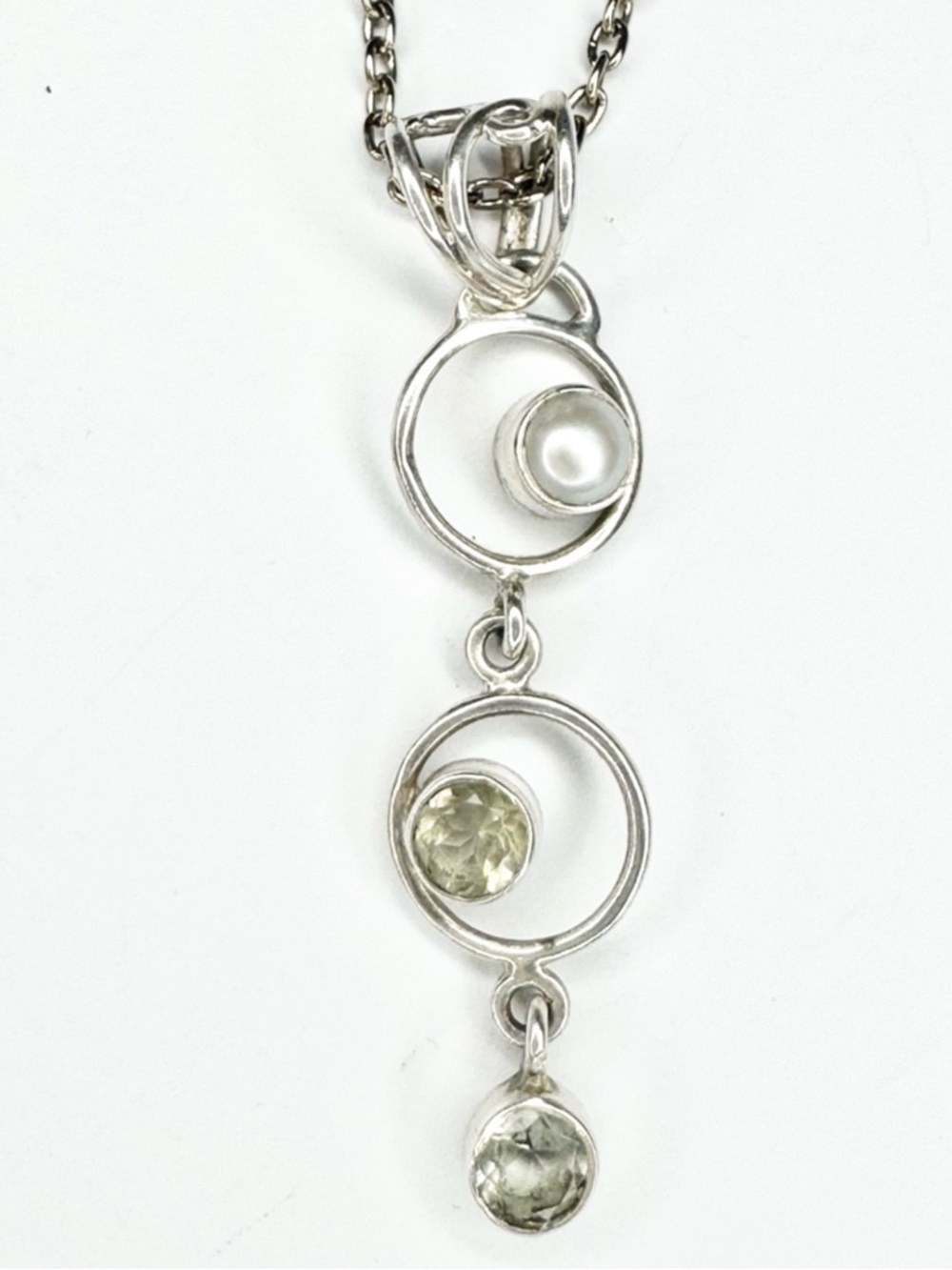 Sterling Silver Citrine & Pearl Ladder Pendant & Silver Chain